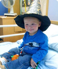 Ernie in hospital, dressed as a wizard at Halloween