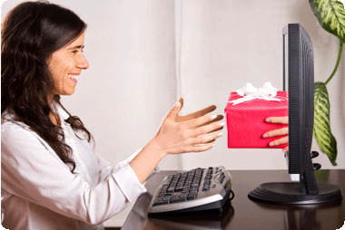 Company secretary receiving a gift through her computer screen
