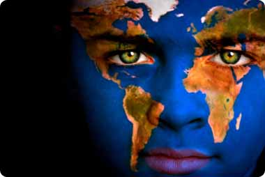 Young man's face painted with a map of the world